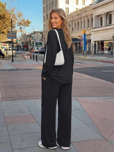 Vista 4 de Trendy Queen Conjunto de 2 piezas de otoño para mujer, tops de gran tamaño Negro