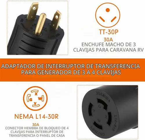 Vista 2 de Kanayu NEMA TT-30P to L14-30R Generator Transfer Switch Adapter Negro