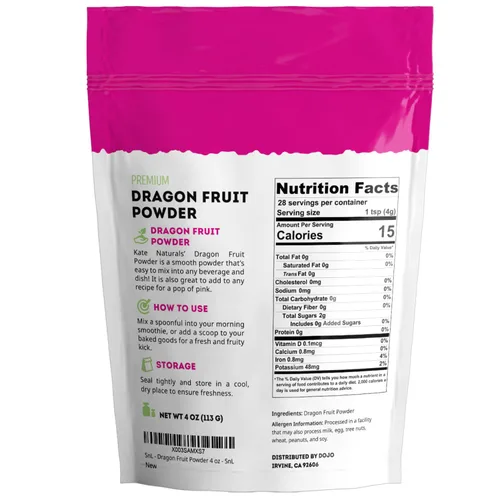 Vista 2 de Kate Naturals Polvo de fruta del dragón para hornear y bebidas (4 onzas). Polvo de pitaya rosa seco vegano sin gluten para jarabe de fruta