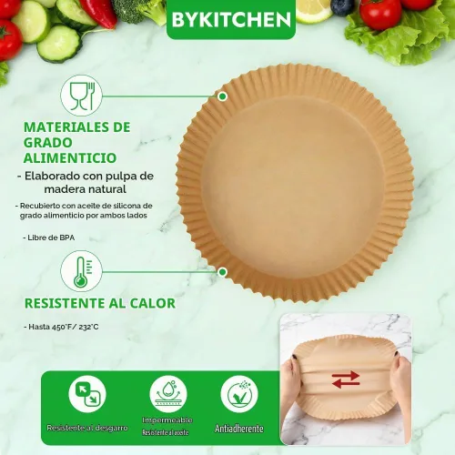 Vista 4 de BYKITCHEN 300 PCS forros desechables pequeños para freidora de aire de 2 a 5 QT, forros redondos de papel pergamino para freidora de aire