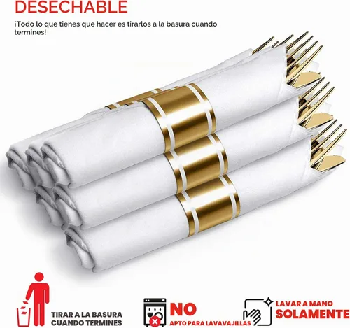 Vista 5 de Juego de cubiertos de plástico preenrollados para fiestas (paquete de 25), juego de cubiertos dorados, cucharas desechables, tenedores, cuchillos