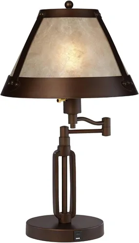 Vista 2 de Samuel 21 1/4" de bronce alto marrón lámpara de escritorio USB mica sombra brazo oscilante Puertos USB rústicos naturales A+C carga sala de estar