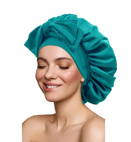 Vista 14 de Gorro de satén de seda para dormir con banda de amarre y tiras ajustables, para mujeres con cabello rizado y trenzado, color negro, tamaño grande