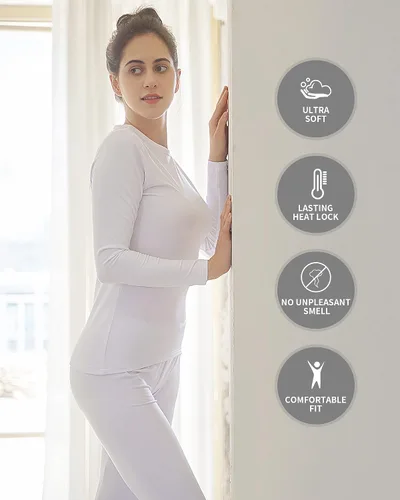 Vista 5 de WEERTI Ropa interior térmica larga de cabeza a pies para mujeres, con forro de vellón, capa base para climas fríos