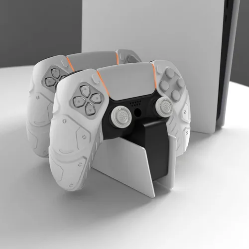 Vista 6 de PlayVital Mecha Edition White Ergonomic Soft Controller Silicone Case Grips for PS5, Rubber Protector Skins with Thumbstick Caps for PS5 Controller