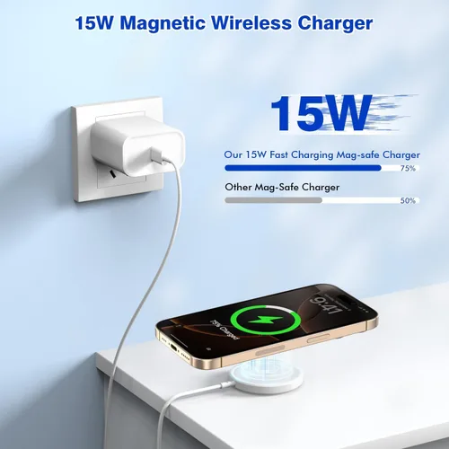Vista 2 de [Apple MFi Certified]Magnetic Wireless Charging Pad with USBC Charger Block 15W Apple Mag-Safe Charger, 3.3FT Magnetic Charging Pad for iPhone