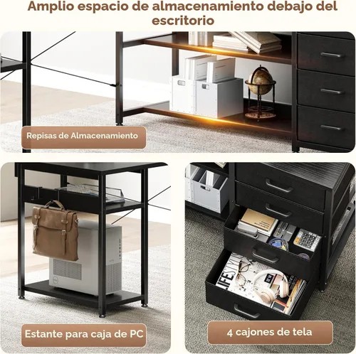 Vista 6 de AODK - Escritorio en forma de L de 61" con cajón, escritorio para computadora con tomas de corriente y luces LED, escritorio de esquina reversible