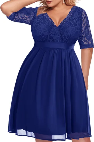 Vista 9 de Plus Size Wedding Guest Cocktail Midi Dress Lace Chiffon V Neck Wrap Negro