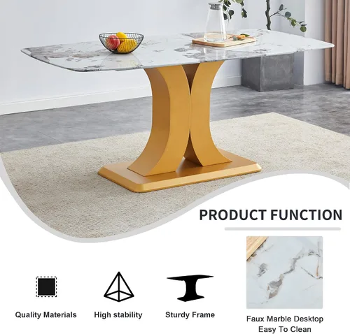 Vista 7 de A Modern Minimalist Dining Table. Imitation Marbled Glass Tabletop. Gold Table Legs for Kitchen and Living Room