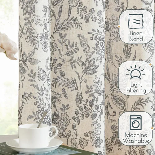 Vista 4 de JINCHAN Cortinas florales de lino para sala de estar, cortinas negras de estilo granja francesa de campo, cortinas de 63 pulgadas de largo, cortinas