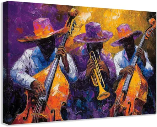 Vista 8 de SWQYLB Arte de pared con música afroamericana, pintura de banda de jazz, impresiones en lienzo abstractas negras con imágenes musicales para club
