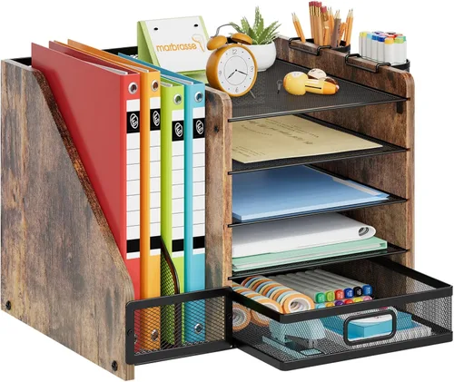 Vista 20 de Marbrasse - Organizador de escritorio con soporte para archivos, organizador de bandejas para papel tamaño carta de 5 niveles con cajón y 2 soportes