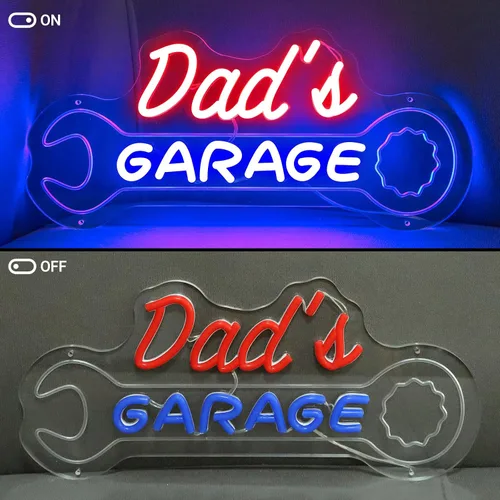 Vista 8 de Letrero de neón de garaje para papá, letrero LED personalizado con forma de llave, decoración de pared retro de mecánico de automóviles, letrero