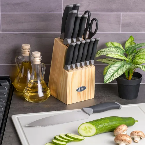 Vista 8 de Oster Lindbergh Juego de cuchillos de cocina con bloque de acero inoxidable de 14 piezas, negro - Cuchillos para cocina