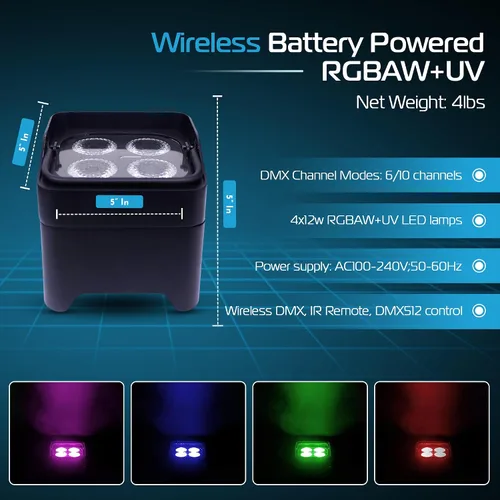 Vista 5 de ColorKey MobilePar Mini Hex 4 inalámbrico alimentado por batería RGBAW+UV Uplight DJ Light (CKW-6020B)