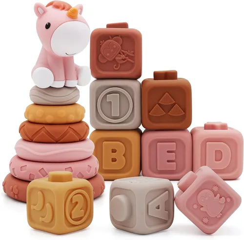 Vista 8 de Nueplay 7 piezas de juguetes para apilar y anidar para bebés, juguetes de dentición para apretar y círculo de construcción con figura de caballo