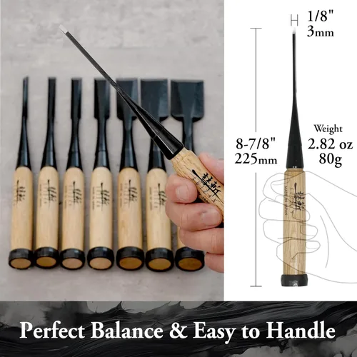 Vista 6 de SUIZAN Cincel japonés de madera 1/8" (3mm) - Herramientas profesionales Oire Nomi para carpintería