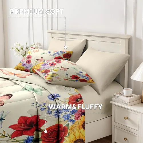 Vista 6 de Nesker Juego de edredón de primavera de 5 piezas, tamaño individual, juego de ropa de cama floral con mariposas para niños y adultos, juego