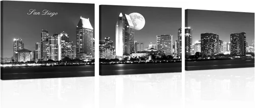 Vista 8 de TUMOVO 3 piezas de arte de pared en lienzo con diseño de horizonte de Atlanta, arte de pared panorámico de paisaje urbano en blanco y negro