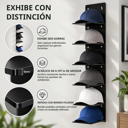Vista 6 de OnDisplay - Estante de acrílico para sombreros, montaje en pared, para Negro