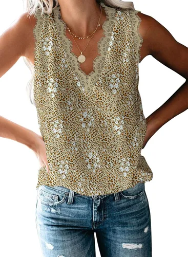 Vista 138 de VIISHOW - Camiseta sin mangas, sexy, con cuello en V y bordes de encaje para mujer, camisola de vestir, camisas de gasa, sin mangas, casuales