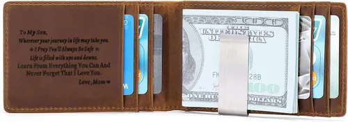 Vista 2 de Monedero minimalista de metal delgado con clip de dinero para marido novio papá hijo, personalizado grabado RFID bloqueo de fibra de carbono
