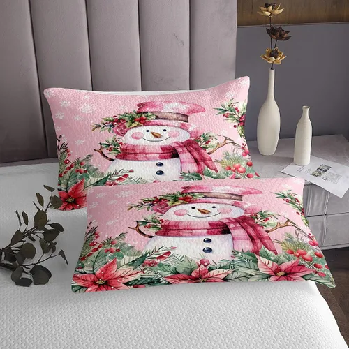 Vista 3 de Manfei Colcha de muñeco de nieve de Navidad, tamaño King, colcha acolchada con 2 fundas de almohada, juego de colcha rosa de Navidad de 3 piezas