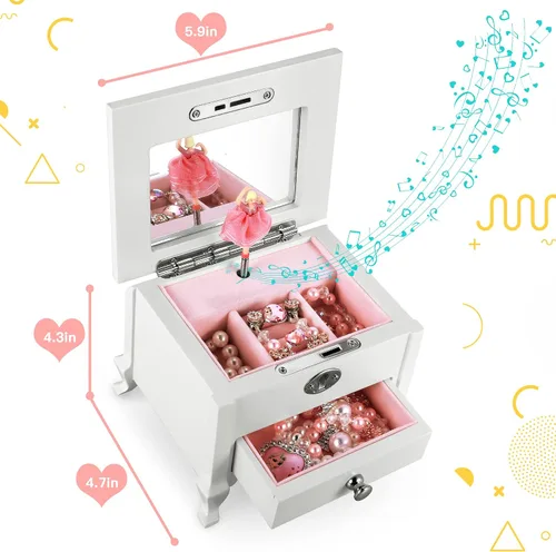 Vista 4 de Jozen Gift Joyero musical pequeño de bailarina con espejo para niñas, caja de música blanca para almacenamiento de joyas para niños, organizador