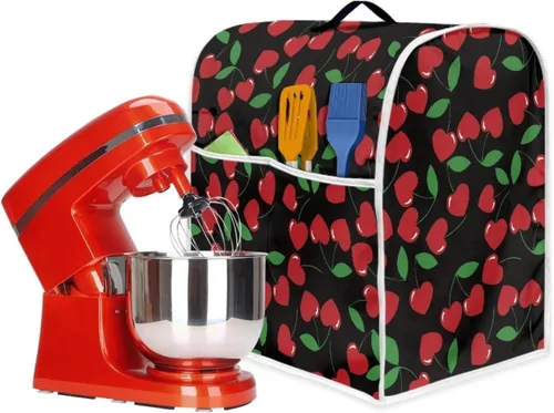 Vista 6 de Cubierta negra para mezcladora de cocina de 4.5 a 5 cuartos de galón con patrón de cerezas, corazón rojo, piezas de repuesto de tamaño pequeño
