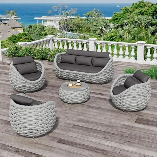 Vista 46 de Juego de muebles de patio de aluminio de 3 piezas: cuerda tejida a mano para conversación al aire libre, juego de 2 cojines modernos montados, juego