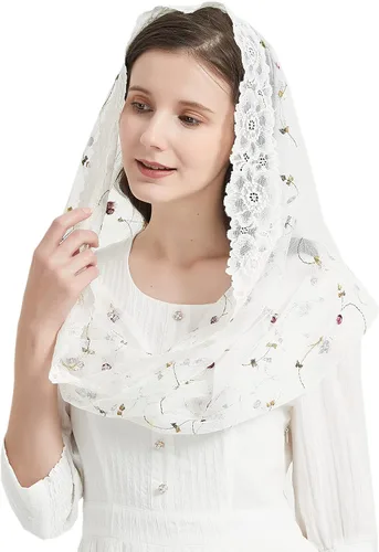 Vista 2 de Velos católicos para mujer, encaje de rosa, bordado infinito, forma de Mantilla velo cubierta de cabeza M3