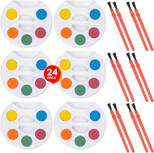 Vista 2 de Paquete de 24 mini pintura de acuarela, kit de mini paleta de pintura de 5 colores a granel con pinceles, recuerdos de fiesta artística para niños