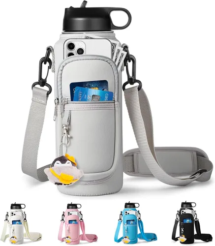 Vista 18 de RRegeny Soporte para botella de agua con correa para Hydroflask de 32 oz 40 onzas, bolsa de transporte con bolsillo para teléfono, funda para Negro