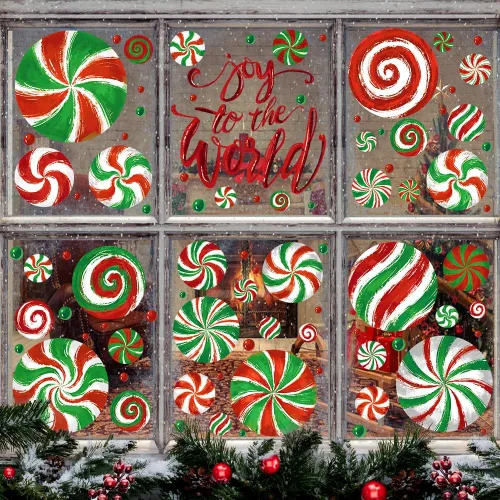 Vista 6 de DULEFUN Adhesivos de Navidad para ventana, calcomanías para ventana de caramelo, pintura al óleo, calcomanías de caramelo rojo y verde para fiesta