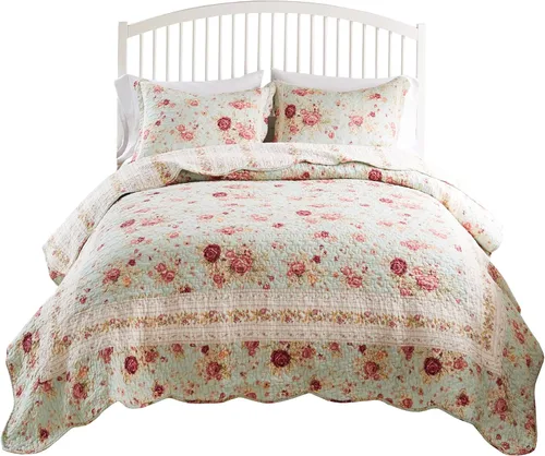 Vista 15 de Greenland Home juegos de edredón con diseño de rosas antiguas de 100% algodón de calidad hereditaria, 2 piezas, tamaño individual/XL, azul