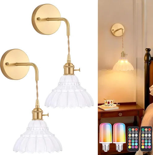 Vista 16 de Shenmoyl - Aplique de pared que funciona con pilas, lámparas de pared vintage recargables con pantalla de vidrio de lirio verde, lámpara de pared