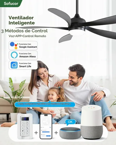 Vista 2 de Sofucor Ventilador de techo moderno inteligente de 52 pulgadas con luz para Negro