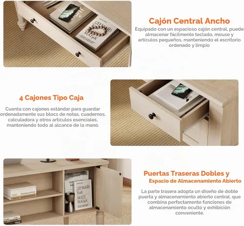 Vista 6 de WAMPAT Escritorio ejecutivo de madera con 5 cajones y estación de carga, beige, 56 pulgadas