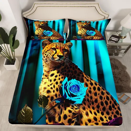 Vista 14 de Erosebridal Juego de sábanas bajeras de rosas rojas y leopardo, tamaño individual, diseño de animales africanos salvajes, diseño de plantas