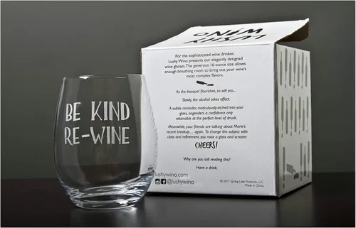 Vista 7 de Lushy Wino Be Kind, Re-Wine - Lindo, novedoso, grabado al agua, copa de vino de 16 onzas sin tallo con frases divertidas en caja de regalo