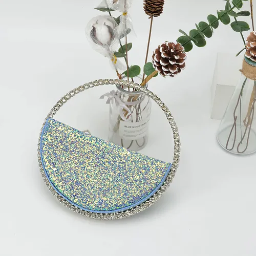 Vista 3 de Mini corazón forma redonda Rhinestone embrague bolso bolso marco diamante brillo lentejuelas brillantes bolso de noche boda fiesta