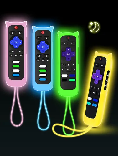 Vista 16 de ONEBOM - Juego de 2 fundas para control remoto Roku con diseño de orejas de Azul resplandor y rosa brillante