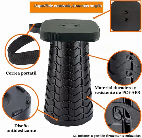 Vista 3 de Taburete plegable para acampar con cojín de asiento y bolsa de nailon, taburete telescópico portátil cuadrado, taburete plegable ligero y resistente