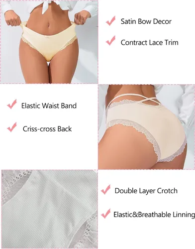 Vista 2 de Avidlove Ropa interior para mujer con ribete de encaje, calzoncillos clásicos con espalda cruzada, 4 paquetes