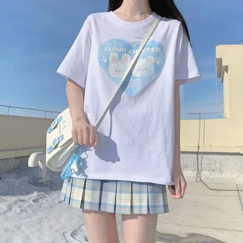 Vista 3 de Kawaii Clothes - Camiseta de cuello redondo con estampado de corazón de dibujos animados pastel