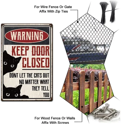 Vista 4 de SUPERDANT Letrero de metal con texto en inglés «Keep Door Closed Don't Let The Cats Out», letrero de aluminio vintage, regalo para amantes