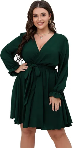 Vista 2 de SCOMCHIC Vestido corto de manga larga con cuello en V y lazo en la cintura para mujer