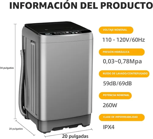 Vista 7 de Lavadora portátil, lavadora pequeña completamente automática de 17.7 libras para apartamento, 10 programas de lavado con manguera de drenaje