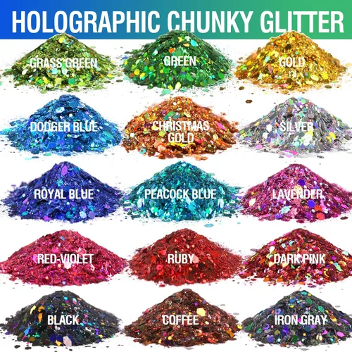 Vista 2 de LEOBRO Purpurina holográfica gruesa – 15 colores para manualidades de resina, uñas, cuerpo y joyería – con 10 cucharas mezcladoras