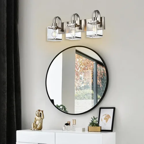 Vista 3 de Lámparas de tocador de baño de 3 luces, modernas luces de tocador con pantalla de vidrio transparente, lámpara de pared de níquel cepillado